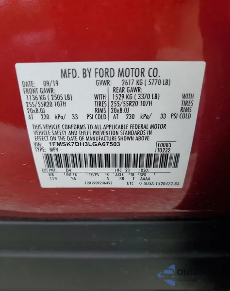 2020 Ford Explorer Xlt from USA, damaged, VIN 1FMSK7DH3LGA67503